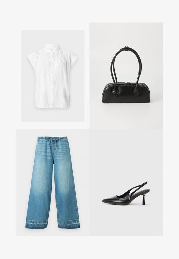 Chemisier blanc à manches courtes avec boutons, col classique et détails froncés aux épaules.; Pantalon en jean bleu clair à jambes larges avec une ceinture élastique et un cordon de serrage, poches avant et détails délavés subtils.; Chaussure à talon haut en cuir noir, à bride arrière, avec un bout pointu et un talon fin sur fond blanc.; Sac à main en cuir noir avec deux anses allongées, fermeture éclair et forme arrondie ; texture lisse avec une finition légèrement brillante.