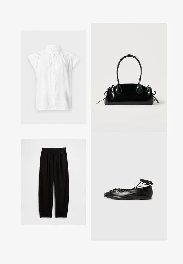 Chemisier blanc à manches courtes avec boutons, col classique et détails froncés aux épaules.; Pantalon noir à coupe décontractée avec taille élastique et poches latérales, présenté sur un fond blanc uni.; Ballerines en cuir verni noir avec un bout rond, un design à lacets et une semelle plate. Texture lisse avec peu de détails.; Petit sac à main noir brillant avec deux longues anses et des détails à cordon sur les côtés sur un fond clair uni.