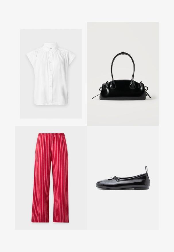 Chemisier blanc à manches courtes avec boutons, col classique et détails froncés aux épaules.; Pantalon rouge à rayures verticales blanches, ceinture élastique et jambes droites, présenté sur un fond uni clair.; Ballerine en cuir verni noir avec un bout rond, un petit nœud décoratif et une texture lisse ; présente une semelle plate basse et une languette au talon.; Petit sac à main noir brillant avec deux longues anses et des détails à cordon sur les côtés sur un fond clair uni.