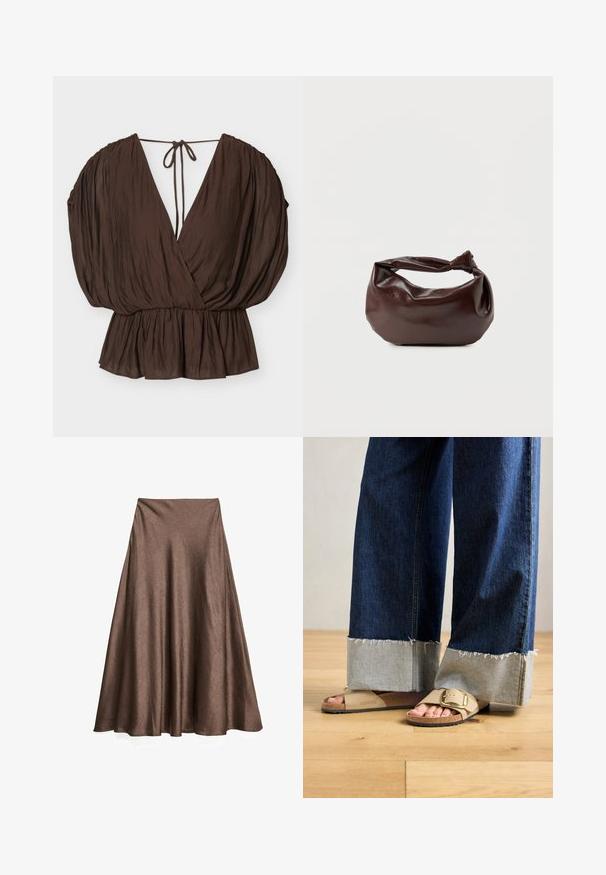 Bruine V-hals blouse met pofmouwen, getailleerde taille en achterstriksluiting op een effen lichte achtergrond.; Bruine midi-lange A-lijn rok met een subtiel gestructureerd patroon en een soepele val, afgebeeld tegen een witte achtergrond.; Voeten in beige Birkenstock-sandalen met gouden gespen, gecombineerd met donkerblauwe denimspijkerbroeken die bij de boorden opgerold zijn, staande op een houten vloer.; Donkerbruine leren schoudertas met een zachte, slungelige vorm en een gedraaide knoopvormige handgreep op een effen witte achtergrond.