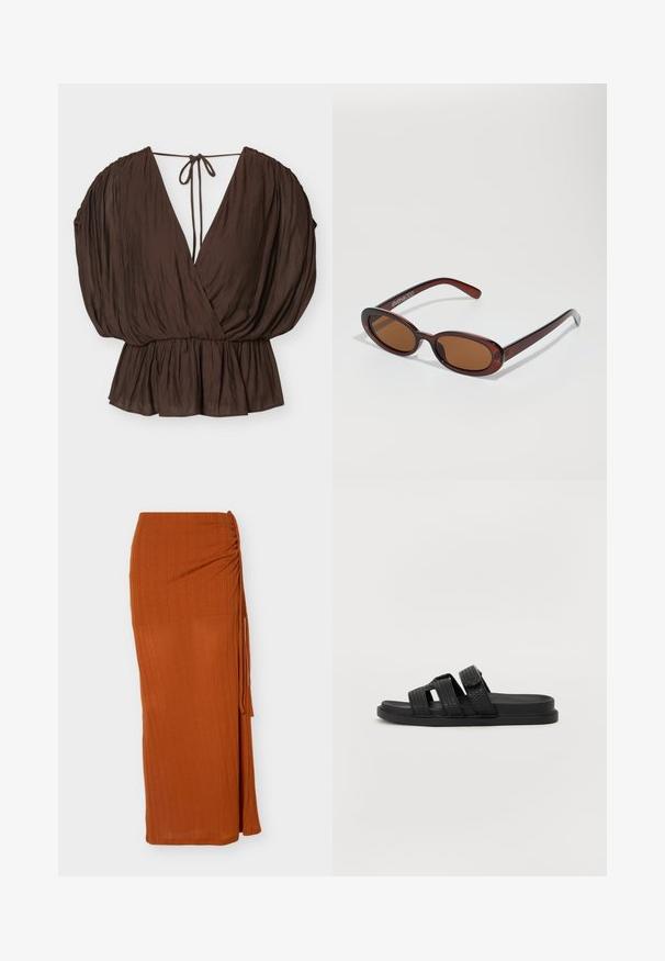 Blouse marron à col en V avec manches bouffantes, taille froncée et fermeture à nouer au dos sur un fond clair uni.; Jupe longue couleur rouille avec fronces sur le côté et détail à nouer, en tissu léger et texturé.; Sandales noires à glissière avec trois sangles texturées, une semelle plate et un design minimaliste. La partie supérieure présente un motif tissé.; Lunettes de soleil rondes teinte brun avec une monture bordeaux brillante. Branches fines avec un détail de marque subtil. Design de verres plats.