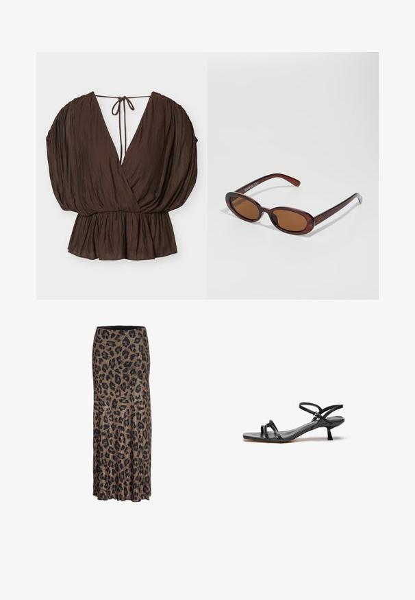 Brun V-hals bluse med puffede ærmer, indsnævret talje og bindebånd bagpå på en ensartet lys baggrund.; Leopardprint nederdel i brune og sorte nuancer, med et flydende design og en subtil flæsekant, fremstillet af et let og blødt stof.; Sorte lædersandaler med et slankt, minimalistisk design. Har to tynde remme og en lille, skrå hæl. Glat tekstur og åben tå.; Runde, bruntonede solbriller med en glansfuld bordeauxramme. Slanke arme med diskret brandingdetalje. Flad linsedesign.