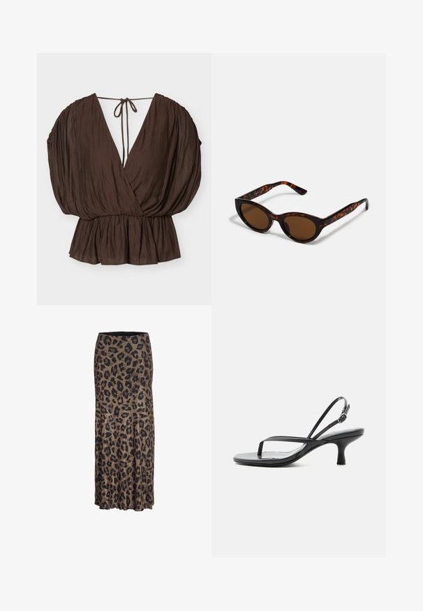 Braune V-Neck-Bluse mit Puffärmeln, geraffter Taille und Bindeband auf der Rückseite vor einfachem hellem Hintergrund.; Leopardenmusterrock in Braun und Schwarz, mit einem fließenden Design und einem dezenten Rüschensaum, hergestellt aus leichtem, weichem Stoff.; Schwarze Sandale mit dünnen Riemchen, niedrigem Kittenabsatz, dünner Zehenschlaufe und verstellbarem Knöchelriemen mit silberner Schnalle, vor weißem Hintergrund.; Braune Schildpatt-Sonnenbrille mit einer Vintage-Cat-Eye-Form und braunen Gläsern. Verfügt über gebogene Bügel mit roten Akzenten.