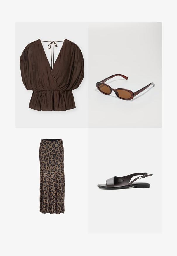 Brun V-hals bluse med puffede ærmer, indsnævret talje og bindebånd bagpå på en ensartet lys baggrund.; Leopardprint nederdel i brune og sorte nuancer, med et flydende design og en subtil flæsekant, fremstillet af et let og blødt stof.; Sort læder flad slingback sandal med åben tå og justerbar sølvspænde rem mod hvid baggrund.; Runde, bruntonede solbriller med en glansfuld bordeauxramme. Slanke arme med diskret brandingdetalje. Flad linsedesign.
