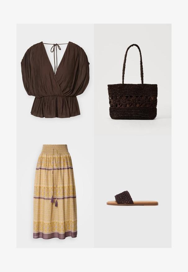 Bruine V-hals blouse met pofmouwen, getailleerde taille en achterstriksluiting op een effen lichte achtergrond.; Geel maxi-jurk met smocktail, bloem- en geometrische patronen in wit en paars, voorzien van twee paarse franjes bij de taille.; Bruine geweven slip-on sandaal met een gestructureerde, open gebreide band en een vlakke tan zool, met een minimalistisch ontwerp en zonder sluitingen.; Donkerbruine gevlochten draagtas met bloemenpatronen en twee lange gevlochten handgrepen op een effen lichte achtergrond.
