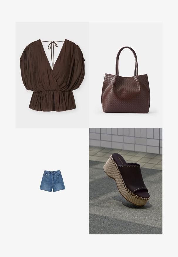 Bruine V-hals blouse met pofmouwen, getailleerde taille en achterstriksluiting op een effen lichte achtergrond.; Denim shorts in een gemiddelde blauwe-was, met een klassieke vijf-pocketontwerp, riemlussen en een rits met knoopsluiting.; Zwarte instapsandaal met plateauzool van gevlochten touw en metalen studdetails op een betegelde vloer.; Bruine gevlochten leren tote bag met twee handvatten, voorzien van een gestructureerde oppervlakte en een open ontwerp. Minimalistische vorm zonder extra hardware.