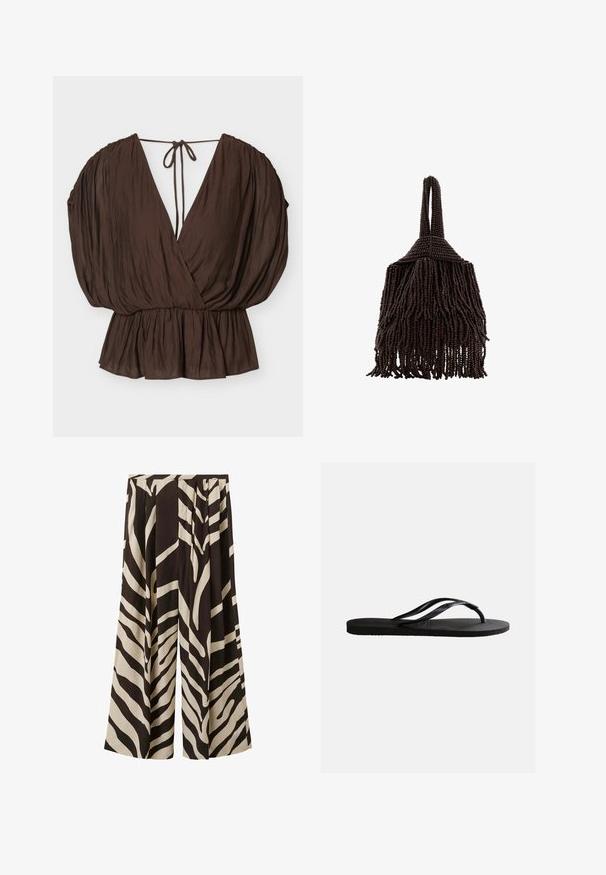 Blouse marron à col en V avec manches bouffantes, taille froncée et fermeture à nouer au dos sur un fond clair uni.; Pantalon à jambes larges avec un imprimé zèbre noir et beige audacieux, devant plissé et taille haute.; Sandale tong en caoutchouc noir avec semelle texturée et fines brides en Y sur un fond blanc uni.; Petit sac à main marron foncé couvert de rangées denses de perles avec une anse bouclée et un design frangé et texturé.