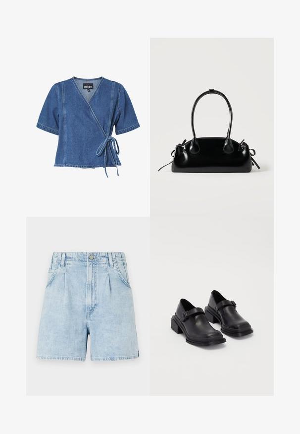 Denim wikkeltop in donkerblauw met korte mouwen, een V-hals en een striksluiting in de taille. Beschikt over contrasterende stiksels en een ontspannen pasvorm.; Lichtblauwe denim shorts met een hoge taille, voorzien van plooien aan de voorkant, twee zijzakken en een knoopsluiting. Zachte, gestructureerde stof.; Zwarte leren schoenen met een ronde neus, platte zool en een band met een gespdetail. Stevige blokhak voor extra stabiliteit.; Kleine zwarte glanzende handtas met twee lange hengsels en zijkant trekkoord details op een effen lichte achtergrond.
