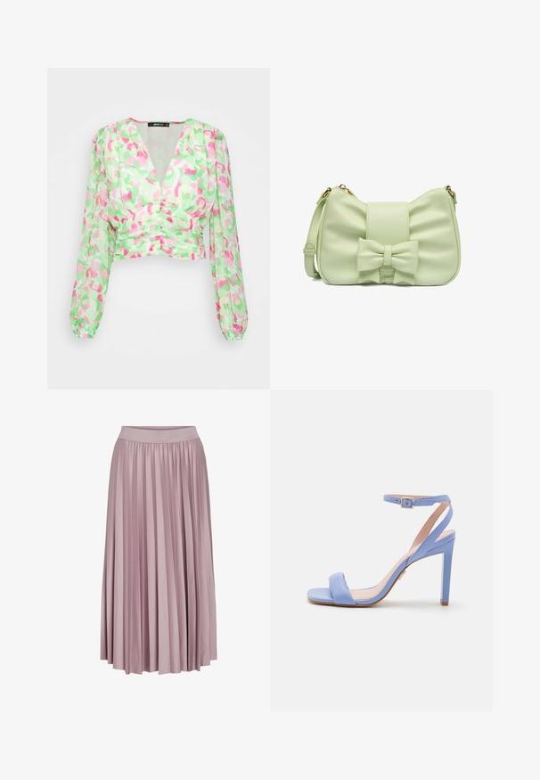 Gina Tricot MIA BLOUSE - Camiseta de manga larga - flowerfield; Falda larga con pliegues en suave tela rosa, que presenta una cintura elástica. La textura suave y el diseño fluido realzan su forma general.; Sandalias de tacón alto de color azul claro con una sola tira y hebilla en el tobillo, que presentan una textura de cuero suave y un esbelto tacón de aguja.; Bolso pequeño de color verde pálido con un lazo frontal y una correa de hombro ajustable, presentado sobre un fondo blanco.