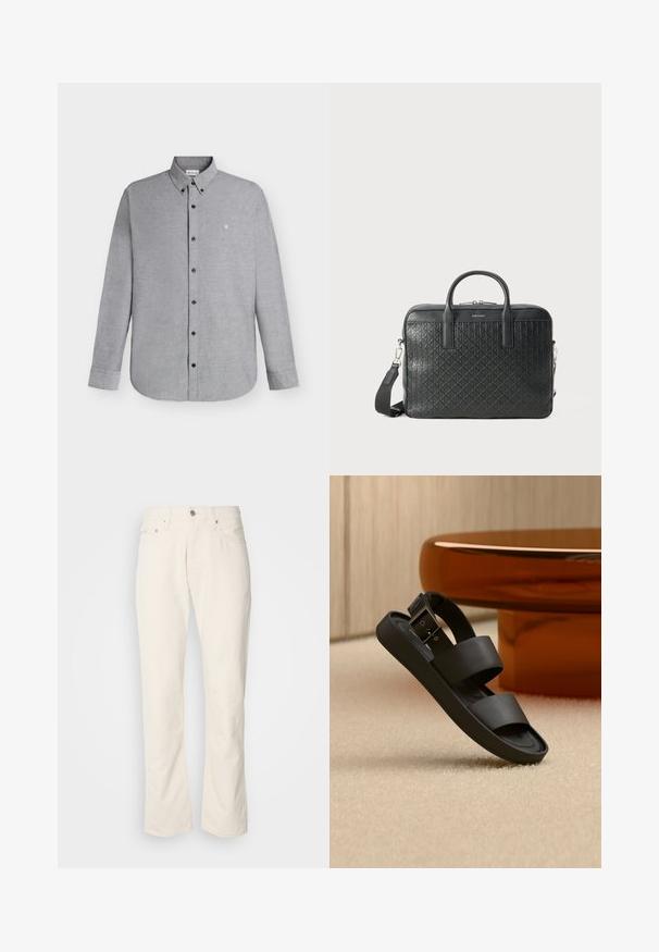 Chemise gris clair à manches longues avec boutons, col boutonné et petit logo "cK" brodé sur la poitrine gauche.; Jeans en coton beige avec un design classique à jambe droite, comportant une fermeture à bouton à l'avant, cinq poches et des détails de couture subtils.; Sandale noire avec double brides et une boucle sur un tapis beige, à côté d'une table ronde de couleur ambre dans une pièce aux tons neutres.; Sac en cuir noir avec un motif de losanges matelassé, deux poignées et une bandoulière amovible. Il présente un design rectangulaire élégant.