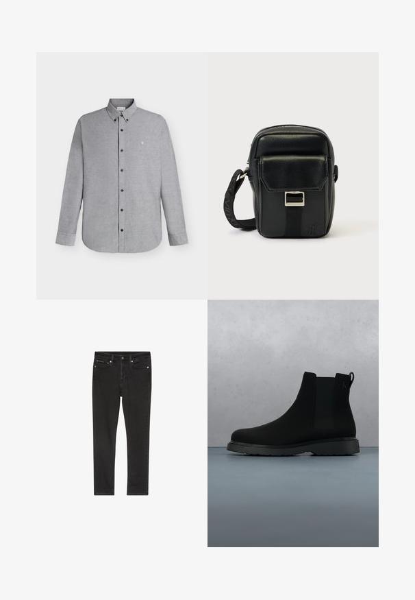 Lichtgrijs overhemd met lange mouwen, knopen aan de voorkant en een button-down kraag, met klein "cK"-logo geborduurd op de linkerborst.; Zwarte denim jeans met een slanke pasvorm, voorzien van vier zakken, een metalen knoopsluiting en lichte slijtage-details. Soepele textuur en klassiek ontwerp.; Zwarte enkelboot van soepel materiaal met subtiele stiksels, een rubberen zool en een slank ontwerp, gepositioneerd boven een houten textuur.; Zwarte leren crossbodytas met een gestructureerde afwerking, voorzien van een voorvak, zilverkleurige accenten en een verstelbare band.