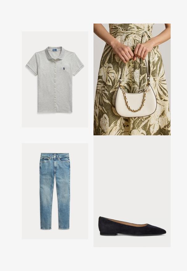 Svetlošedé polo tričko s krátkym rukávom na gombíky a golierom, s tmavomodrým vyšívaným logom Polo Ralph Lauren na ľavej strane hrudníka.; Svetlomodré slim fit džínsy s piatimi vreckami a zapínaním na gombík, položené na bielom pozadí.; Čierne semišové baletné topánky s špicatou špičkou, plochým podpätkom a hladkým, textúrovaným povrchom. Diskrétny zlatý prvok na päte.; Žena drží krémovú kabelku so zlatým reťazovým detailom pred zelenými a béžovými tropickými šatami.