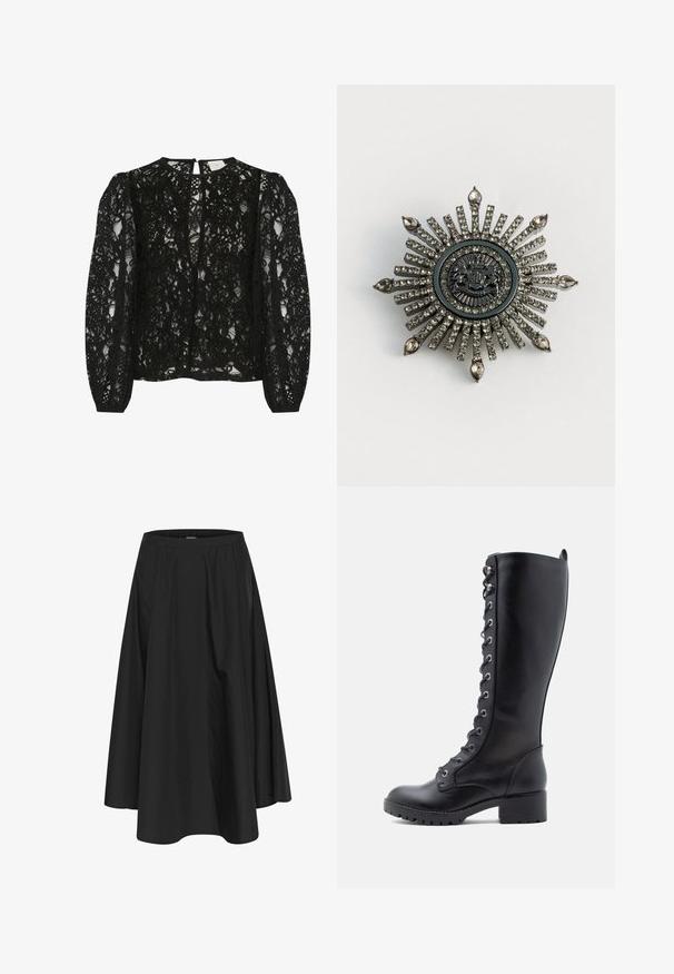 Zwarte kanten blouse met lange puffmouwen, hoge halslijn en een sleutelgatopening aan de achterkant. Het ingewikkelde bloemontwerp voegt textuur toe.; Zwarte knielange rok met een elastische tailleband, voorzien van plooien voor volume en een soepele textuur. Eenvoudig, klassiek ontwerp zonder versieringen.; Zwarte leren kniehoge laarzen met een ronde neus, vetersluiting aan de voorkant, metalen oogjes en een chunky hak. Geïntroduceerde structuur met een soepele uitstraling.; Stervormige broche van zilverkleurig metaal met transparante rhinestones. Het centrale ontwerp heeft een ronde embleem met complexe details.