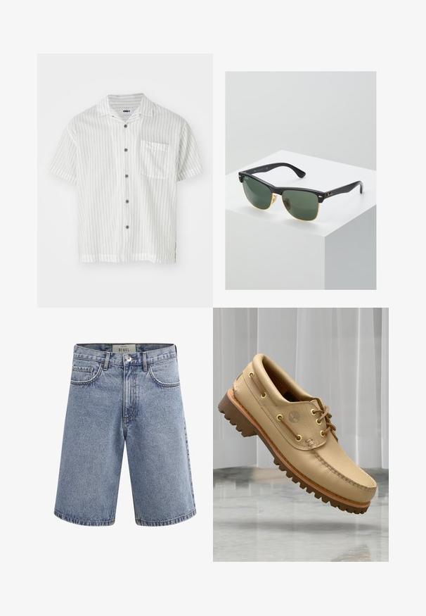 Kortærmet skjorte med knap i hvid med tynde lodrette sorte striber, brystlomme og grå knapper; letvægtsstof med glat tekstur.; Lyseblå denimshorts med forlommer, bæltestropper, knaplukning og en mærkat inde i taljebåndet med teksten "REBEL."; Lysbrune læderbådsko med tyk, rillet sål og snøre detaljer, svævende over et marmor gulv med baggrund af hvide lodrette persienner.; Ray-Ban solbriller med grønne linser, sorte plastikstel og gyldne detaljer ved kanterne. Firkantet form med mat finish.