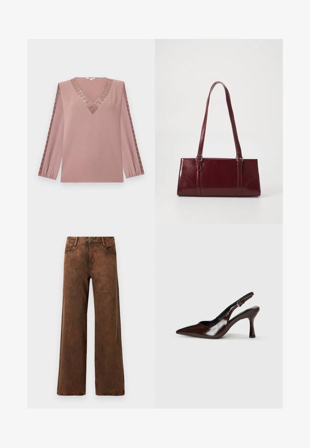 Top met lange mouwen in poederroze, met een diepe V-hals en decoratieve kanten rand langs de mouwen. Gemaakt van zacht, gestructureerd stof.; Bruine wijde broek van denim, met een gestructureerde afwerking, een knoop- en ritssluiting, en twee voorkosten.; Bruine gepatineerde leren slingback pumps met een spitse neus, een dunne hak en een verstelbaar bandje met een kleine gesp.; Bourgondische handtas van glanzend materiaal, rechthoekige vorm, met twee schouderbanden en subtiele gebogen accenten aan de voorkant.