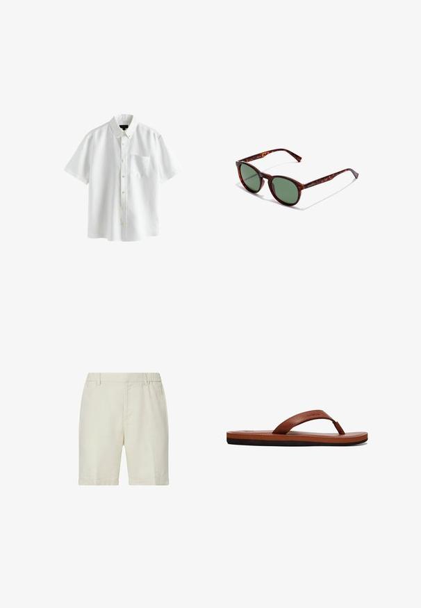 Camisa blanca de manga corta con botones en la parte delantera, con bolsillo frontal y cuello abotonado, mostrada sobre un fondo blanco.; Pantalones cortos beige hasta la rodilla con dobladillos doblados, cintura elástica en la parte trasera, trabillas para cinturón y bolsillos laterales delanteros.; Chancla de cuero marrón con una tira texturizada, plantilla acolchada y suela de goma negra. Vista lateral que resalta su diseño delgado.; Gafas de sol de carey marrón con montura redondeada, lentes verdes y brazos de patilla con patrón. Presenta el logo de la marca en un brazo.