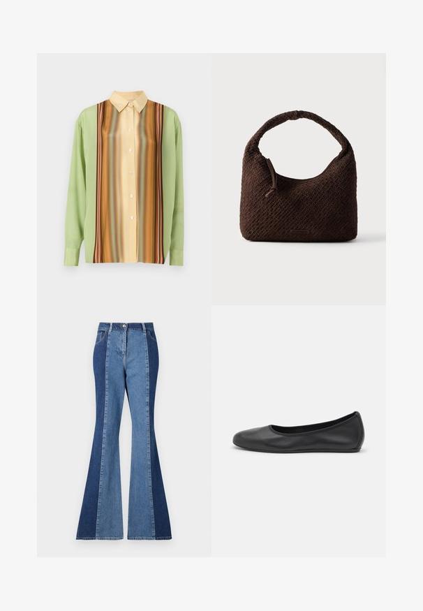Lange mouwen shirt in lichtgroen en romig geel, met verticale gestreepte patronen in bruin, oranje en rood; vijf knopen aan de voorkant.; Uitlopende jeans met een tweekleurig ontwerp van donker en lichtblauw denim, een sluiting met een frontknop en klassieke zakstijl.; Zwarte leren ballerina met een ronde neus, gladde textuur, minimale stikdetails en een flexibele zoolontwerp.; Bruine geweven handtas met een afgeronde handgreep, gemaakt van textuurmateriaal. Voorzien van een ritssluiting en een klein logodetail.