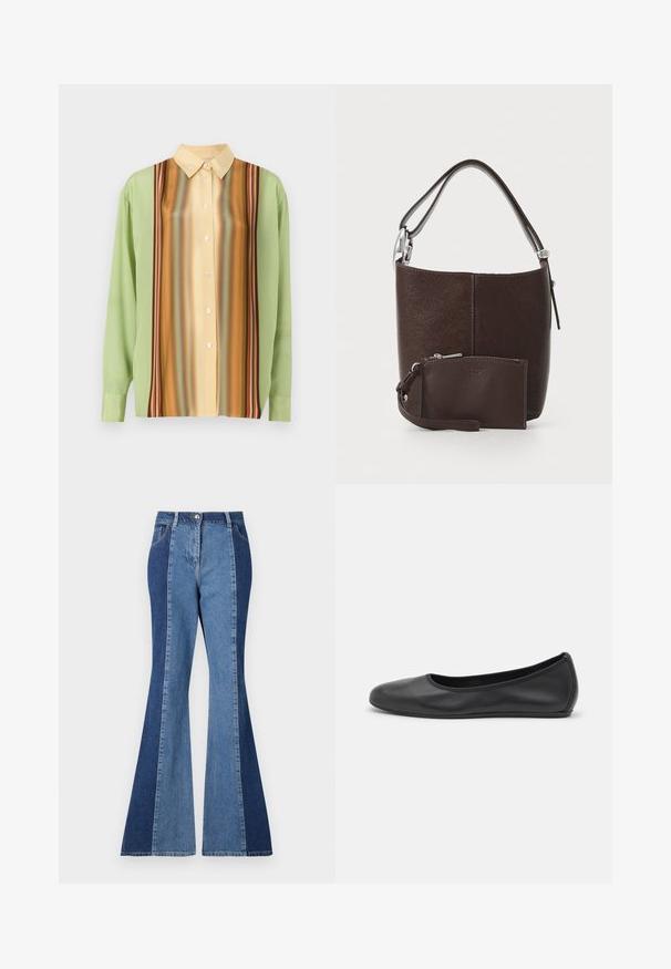 Chemise à manches longues en vert clair et jaune crémeux, présentant des motifs rayés verticaux en marron, orange et rouge ; cinq boutons sur le devant.; Jeans évasés avec un design bicolore comprenant des panneaux en denim bleu foncé et bleu clair, une fermeture à bouton sur le devant et un style de poche classique.; Ballerines en cuir noir avec un bout rond, texture lisse, détails de couture minimalistes et design de semelle flexible.; Sac en cuir brun en forme de seau avec une finition texturée, doté d'une sangle plus courte et d'un portefeuille zippé assorti avec une sangle pour le poignet.
