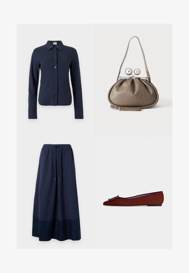 Camisa azul marino de manga larga con cuello, seis botones negros en la parte delantera y un sutil logo bordado en el lado izquierdo.; Falda maxi de color azul marino hecha de una tela suave, con una cinturilla elástica y un cordón, y un panel azul más oscuro en el dobladillo.; Zapato plano de ante marrón para mujer con punta puntiaguda y gran hebilla decorativa en la parte superior sobre un fondo liso.; Bolso de mano de cuero gris con forma redondeada, cierre superior con dos grandes esferas plateadas y una sola asa de correa.