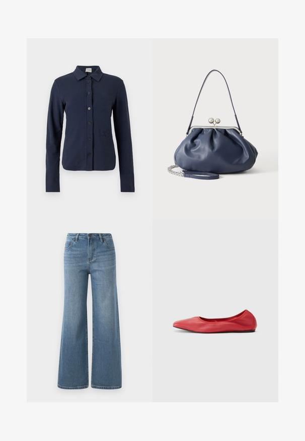 Marineblauw overhemd met lange mouwen en knopen, een kraag, zes zwarte knopen aan de voorkant en een subtiel geborduurd logo aan de linkerkant.; Lichtblauwe wijde denim jeans met hoge taille, knoop- en ritssluiting en voorzakken.; Filippa K REY FLATS - Ballerina's - bright red; Zachte navyblauwe leren handtas met zilveren sluiting, enkele schouderband en afneembare ketting polsband op witte achtergrond.