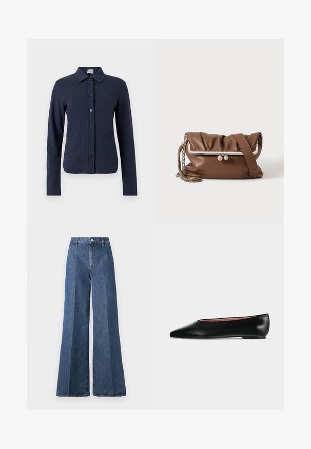 Marineblå langærmet skjorte med krave, seks sorte knapper foran og et diskret broderet logo på venstre side.; Bredde ben blå denim jeans med høj talje, med klassisk fem-lomme stil og knaplukning, lavet af struktureret bomstof.; Sort damesko i læder med flad hæl og spids tå, vist fra siden på en ensfarvet lys grå baggrund.; Brun blød læder skuldertaske med sølv metalramme og lukning, en justerbar rem og et flettet kædehåndtag på hvid baggrund.