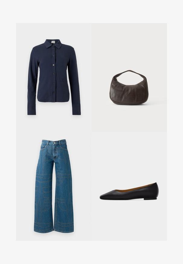 Marineblauw overhemd met lange mouwen en knopen, een kraag, zes zwarte knopen aan de voorkant en een subtiel geborduurd logo aan de linkerkant.; Wijde pijpen jeans in middelblauwe denim met contrasterende stiksels en meerdere zakontwerpen. Hoge taille met knoopsluiting.; Zwarte leren puntschoen met lage hak en gladde afwerking, zijaanzicht op een lichtgrijze achtergrond.; Kleine donkerbruine gestructureerde handtas met korte band en afgeronde onderkant op een effen lichte achtergrond.