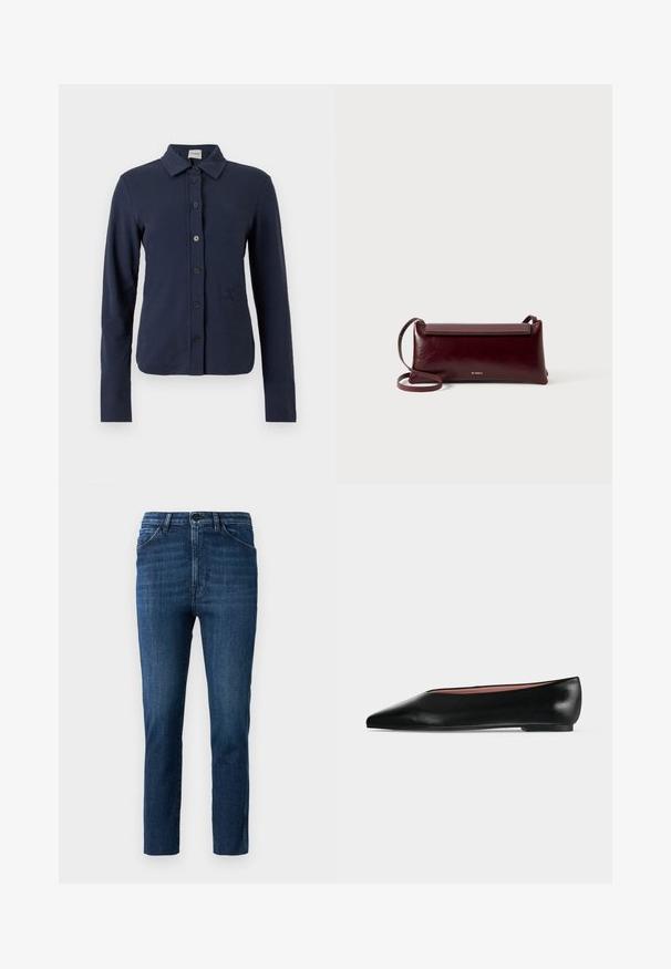 Chemise bleu marine à manches longues avec col, six boutons noirs sur le devant et un logo brodé discret sur le côté gauche.; Jeans bleu ajustés avec un design classique à cinq poches et fermeture à bouton, présentant une légère décoloration et une coupe droite épurée.; Chaussure plate en cuir noir pour femme, avec bout pointu et petit talon, vue de côté sur un fond gris clair uni.; Sac à bandoulière en cuir bordeaux avec une texture lisse, de forme rectangulaire, fermeture à rabat et une fine sangle réglable. Détail du logo doré visible.