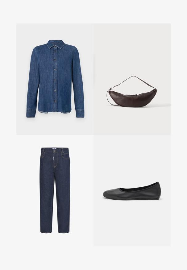Dunkelblaues Denim-Hemd mit langen Ärmeln, Knopfleiste, klassischem Kragen und sichtbaren Nähten. Verfügt über einen geraden Saum mit leicht geschwungenen Seiten.; Dunkelblaue Denim-Jeans mit geradem Schnitt, ausgestattet mit orangen Nähten, Fronttaschen und einem Knopfverschluss. Robustes Material mit glatter Textur.; Schwarze Leder-Ballettschuhe mit abgerundeter Spitze, glatter Textur, minimalen Nähdetails und einem flexiblen Sohlen-Design.; Dunkelbraune Leder-Schultertasche in Halbmondform mit gebogenem Riemen und sichtbarer Naht auf schlichtem Hintergrund.