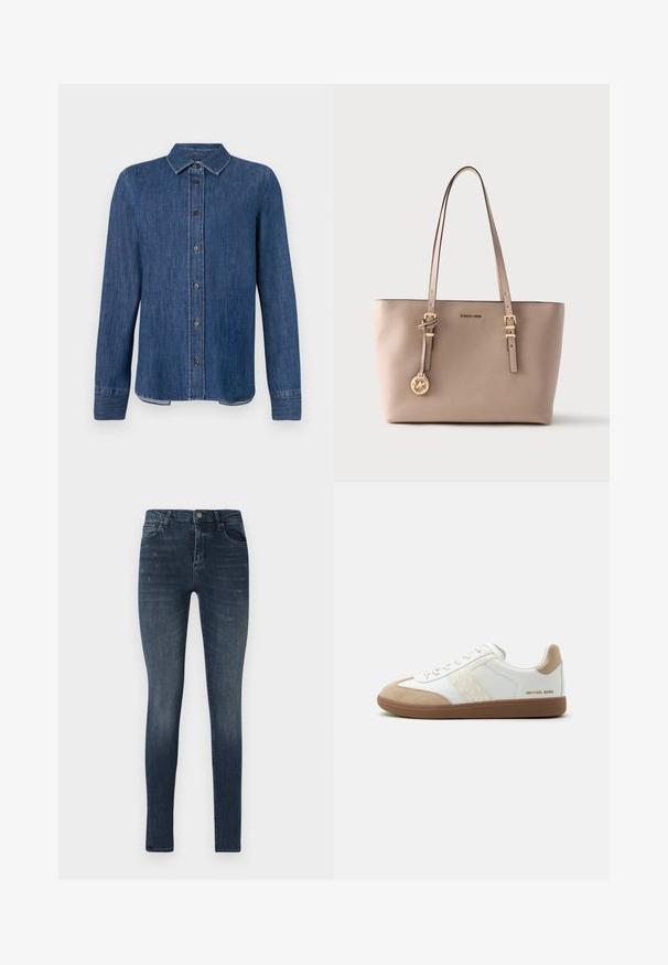 Mørkeblå denim skjorte med lange ærmer, knaplukning foran, klassisk krave og synlige sømme. Har en lige nederste kant med let bue i siderne.; Slanke denim jeans i mørkeblå, med fem lomme-design, let slidser og en knaplukning i taljen.; Hvid og beige lavtop sneaker med brun sål og snørelukning foran, med tekstureret sidepanel og "Michael Kors"-logo på hælen.; Beige taske i kornet læder med dobbelte skulderstropper, guldspænder og en rund, gylden MK-logo vedhæng, der hænger fra den ene strop.