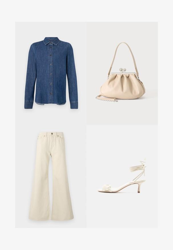 Dunkelblaues Denim-Hemd mit langen Ärmeln, Knopfleiste, klassischem Kragen und sichtbaren Nähten. Verfügt über einen geraden Saum mit leicht geschwungenen Seiten.; Hellbeige weite Jeans aus Baumwolle. Besitzt eine hohe Taille, fünf Taschen und einen Knopfverschluss mit kontrastierenden Nahtdetails.; Sandale in Cremefarben mit niedrigem Absatz, Knöchelriemen zum Binden und breitem, verdrehtem Riemen über den Zehen auf weißem Hintergrund.; Beige weiche Lederhandtasche mit silbernem Metallrahmenverschluss, einem Schulterriemen und einem optionalen Kettenriemen auf weißem Hintergrund.