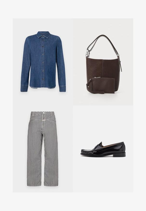 Mørkeblå denim skjorte med lange ærmer, knaplukning foran, klassisk krave og synlige sømme. Har en lige nederste kant med let bue i siderne.; Bredde ben bukser med striber i navy og hvid. Har en knaplukning, frontlommer og et glat, let stof.; Sorte læder moccasin sko med en skinnende finish, der har frynsedetaljer langs fronten og en lav stabelhælk.; Brun læder bucket taske med tekstureret overflade, der har en kortere rem og en matchende lynlåsgjort pung med håndledsrem.