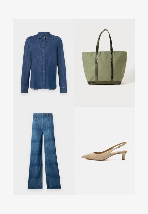 Camisa de denim azul oscuro con mangas largas, frente abotonado, cuello clásico y costuras visibles. Presenta un dobladillo recto con ligera curva en los lados.; Jeans de denim de pierna ancha en azul oscuro, con un patrón sutil en todo el tejido y un diseño clásico de cinco bolsillos. La costura contrasta con la tela.; Zapato slingback de ante beige con punta puntiaguda, tacón bajo de estilo kitten y hebilla dorada en la correa ajustable del tobillo.; Bolso tote grande de color verde oliva con dos asas largas y ribete de lentejuelas oscuras y brillantes en las asas y el borde inferior, sobre un fondo liso.