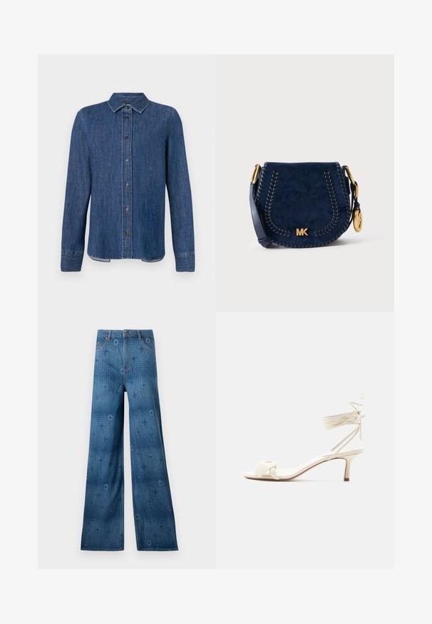 Donkerblauw denim overhemd met lange mouwen, knoopsluiting aan de voorkant, klassieke kraag en zichtbare stiksels. Heeft een rechte zoom met een lichte kromming aan de zijkanten.; Wijd uitlopende denim jeans in donkerblauw, met een subtiel patroon over de hele stof en een klassieke vijf-pocketontwerp. De stiksels contrasteren met de stof.; Roomkleurige sandalen met lage hak, enkelriempjes en een brede gedraaide band over de tenen, op een effen witte achtergrond.; Marineblauwe suède crossbodytas met gevlochten randdetails, gouden "MK" logo, verstelbare riem en een ronde gouden hanger aan de riemsluiting.