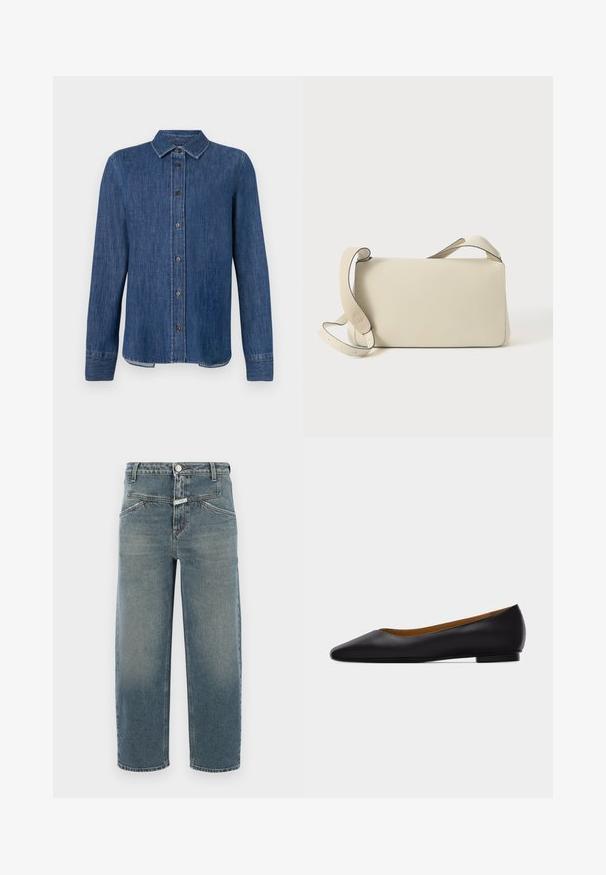 Donkerblauw denim overhemd met lange mouwen, knoopsluiting aan de voorkant, klassieke kraag en zichtbare stiksels. Heeft een rechte zoom met een lichte kromming aan de zijkanten.; CLOSED STOVER X - Jeans Tapered Fit - mid blue; Zwarte leren puntschoen met lage hak en gladde afwerking, zijaanzicht op een lichtgrijze achtergrond.; Crème-kleurige leren schoudertas met een verstelbare schouderband en klepafsluiting, tegen een effen witte achtergrond.