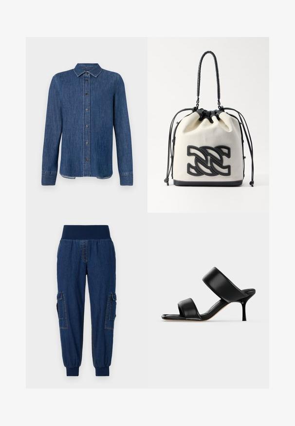 Mørkeblå denim skjorte med lange ærmer, knaplukning foran, klassisk krave og synlige sømme. Har en lige nederste kant med let bue i siderne.; Denim joggerbukser med en bred elastisk talje, to sidelommer og ribbede ankler; mørkeblå farve med kontraststing.; Sort læder mule sandal med to brede remme og en slank mellemhøj stiletthæl på en ensartet lys baggrund.; Casadei BORSA BEAURIVAGE - Håndtasker - multicolor