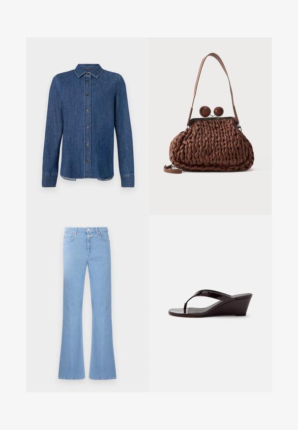 Mørkeblå denim skjorte med lange ærmer, knaplukning foran, klassisk krave og synlige sømme. Har en lige nederste kant med let bue i siderne.; Lyseblå udvidede jeans lavet af denim, med høj talje, fem lomme design og kontraststing. Glat tekstur med en ren overflade.; Brun patentlæder kile-sandal med tåremme og åben tå, vist i sideprofil på en ensfarvet baggrund.; Brun flettet læderhåndtaske med en enkelt strop og to store runde trælukninger på toppen.