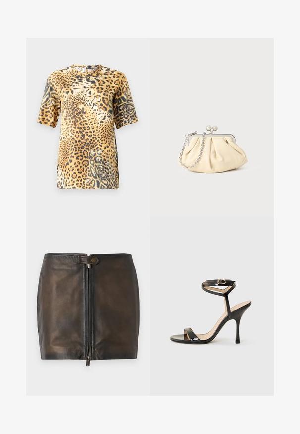 Blusa de manga corta con estampado de leopardo que presenta un cuello redondo, tejido suave y un corte holgado, mostrando diversas tonalidades de marrón y negro.; Minifalda de cuero negro con cierre de cremallera frontal, textura suave y una cinturilla estrecha. Presenta un pequeño acento metálico en la cinturilla.; Sandalia de tacón alto de charol negro con tira delgada en el tobillo y hebilla, punta abierta y tacón aguja esbelto sobre fondo blanco.; Clutch de cuero beige plisado con un marco de metal plateado, que cuenta con dos broches decorativos redondos y una correa de cadena plateada.