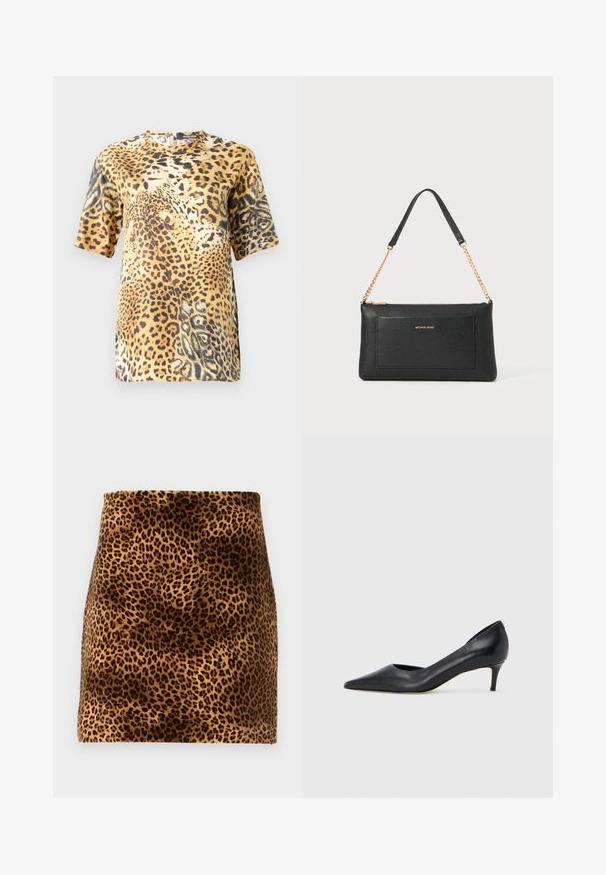 La blouse à manches courtes en imprimé léopard présente un col rond, un tissu doux et une coupe décontractée, mettant en valeur diverses nuances de marron et de motifs noirs.; Mini-jupe imprimé léopard avec une texture douce, motif marron et noir sur fond beige, silhouette ajustée et bords nets.; Escarpin en cuir noir avec un bout pointu et un talon bas. Présente une texture lisse et un éclat subtil. Découpe ouverte à l'avant pour un détail supplémentaire.; Pochette en cuir noir avec une texture en relief, bandoulière en chaîne dorée et une poche avant. Elle arbore un logo doré sur le devant.