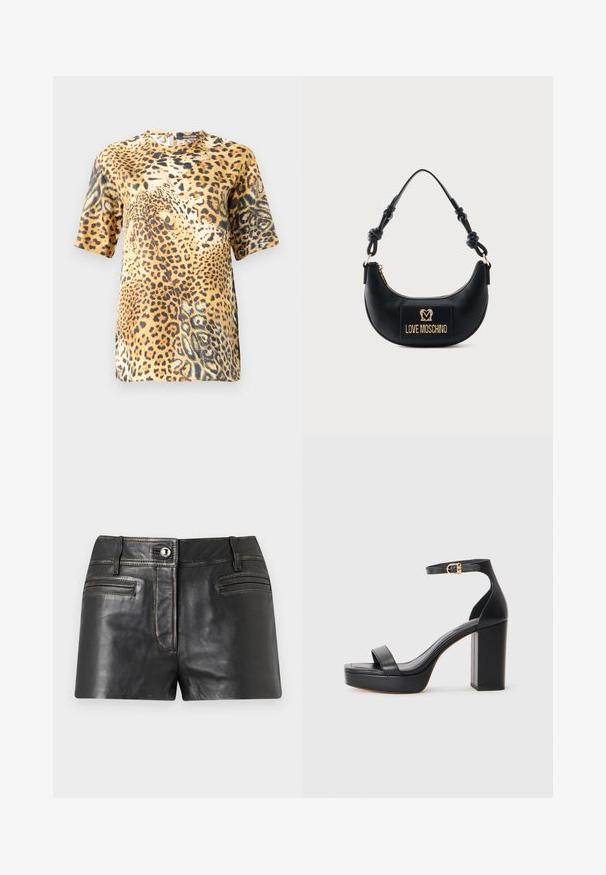 Bluse med leopardprint og korte ærmer har en rund hals, blødt stof og en løs pasform, som fremviser forskellige nuancer af brune og sorte mønstre.; Sorte lædershorts med knapper foran, bæltestropper og to vandrette forlommer på en lysegrå baggrund.; Sorte platform sandaler med en tykk blokhæl, glat lædermateriale, åbent tådesign og en ankelrem med en guldspænde detalje.; Sort halvmåneformet håndtaske med knyttet håndtag og guld "Love Moschino" logo plaque foran, lynlåslukning øverst.