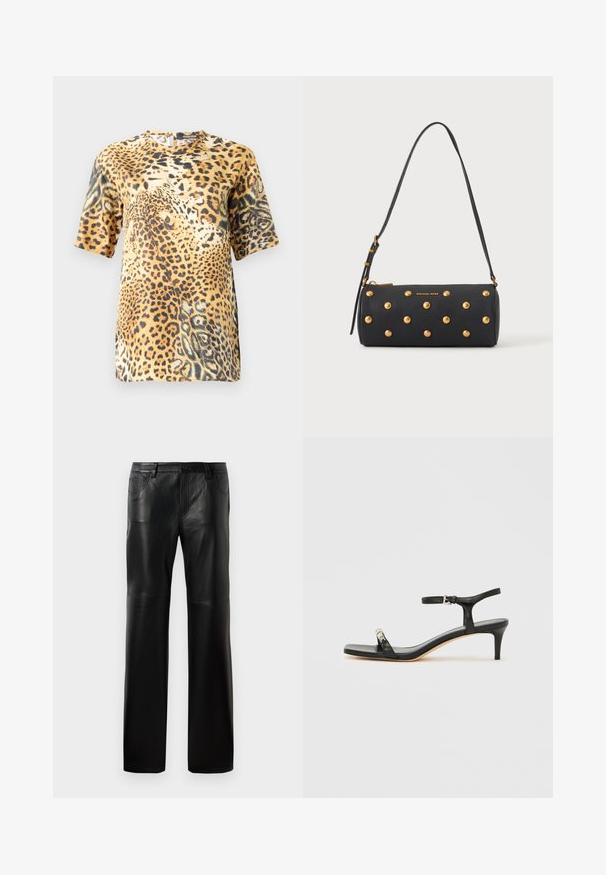 Bluse med leopardprint og korte ærmer har en rund hals, blødt stof og en løs pasform, som fremviser forskellige nuancer af brune og sorte mønstre.; Sorte læderbukser med lige snit, udstyret med en knap ved taljen, fem lommer og synlige sømme langs sømmene.; Sort læder sandal med hæl og ankelrem, åben tå, firkantet front og sølvfarvede metalaccenter. Figurformet design med en slank profil.; Sort cylindrisk håndtaske med guldfarvede nitter og justerbar skulderrem, med "Michael Kors" logo i guld på fronten.