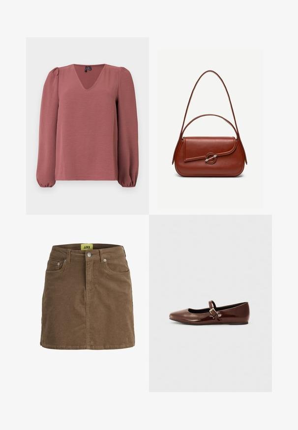 Langärmlige Bluse in Staubrosé mit V-Ausschnitt, gepufften Schultern und elastischen Bündchen, präsentiert auf einem schlichten hellen Hintergrund.; Brauner Cord-Minirock mit vorderer Knopfleiste und Reißverschluss, Gürtelschlaufen und vorderen Taschen, mit gelbem JJXX-Label im inneren Taillenbund.; Braune Lackleder-Ballerinas mit quadratischer Zehenform und Riemen mit einer kleinen goldenen Schnalle. Glatte Textur, niedriger Absatz und minimalistisches Design.; Braune Leder-Schultertasche mit abgerundeter rechteckiger Form, asymmetrischer Klappe, silbernem runden Verschluss und zwei dünnen Riemen.