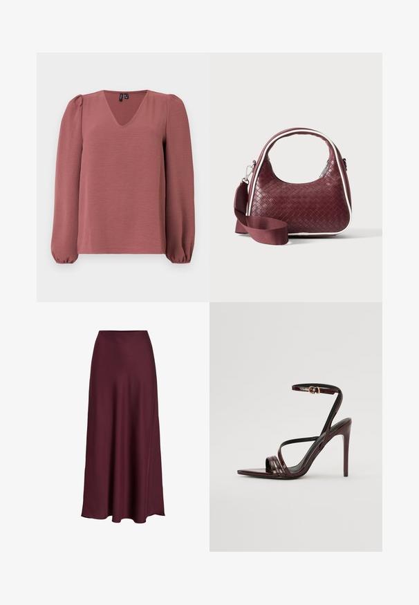 Langærmet bluse i støvet rosa med V-hals, pufærmer og elastiske manchetter, vist mod en ensfarvet lys baggrund.; Bordeaux satin maxiskirt med en glat tekstur, høj talje og en flydende silhuet, der svømmer blidt ud mod nederkanten.; Bordeaux laker læder højhælede sandal med ankelrem, spids tå og tre vandrette remme over foden. Detalje med spænde i guldtonet.; Mørkerød vævet lædertaske med buet hank, hvid kant, sølv lynlås og aftagelig bred stofskulderrem mod en ensfarvet baggrund.