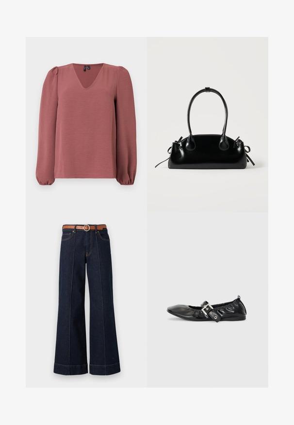 Blusa de manga larga en tono rosa polvo con escote en V, hombros abullonados y puños elásticos, exhibida sobre un fondo claro y liso.; Jeans de mezclilla de un azul oscuro, de pierna ancha y con una cintura alta, cinturón marrón y detalles de costura visibles. Incluye bolsillos delanteros y un ajuste relajado.; Zapato plano de piel negra con puntera afilada, detalle fruncido alrededor de la abertura y un acento de hebilla plateada en la correa ajustable.; Pequeño bolso negro brillante con dos asas largas y detalles de cordón lateral sobre un fondo claro liso.