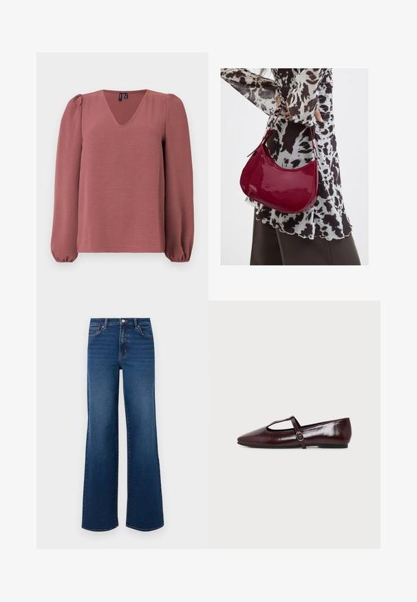 Lichtroze blouse met lange mouwen, V-hals, opgeblazen schouders en elastische manchetten, weergegeven op een effen lichte achtergrond.; Brede denim jeans in donkerblauw met een textuurafwerking, voorzien van een knoopsluiting, vijf zakken en een rechte zoom.; Donker bordeauxrode leren platte schoen met een puntige neus en een dunne T-strap met een zilveren gesp op een witte achtergrond.; Vrouw met een zwart-wit gebloemde blouse houdt een glanzende rode schoudertas vast tegen een effen achtergrond.