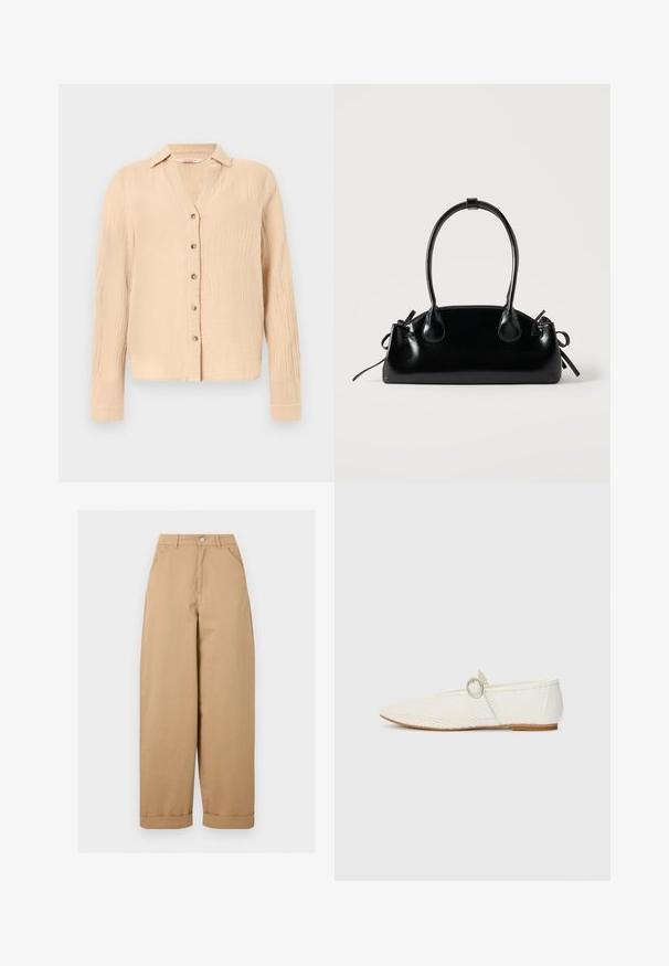 Lysebeige langærmet skjorte med knapper, lavet af et subtilt tekstureret stof og med en klassisk krave.; Beige vidde bukser med høj talje, forlommer, bæltestropper, knaplukning og opsmøgede benkanter.; Hvide syntetiske flade sko med mesh-struktur, spidse tå og en sidesnor med en rund detalje. Lav hæl og fleksibel sål.; Lille sort blank håndtaske med to lange håndtag og snøre-detaljer i siden på en ensfarvet lys baggrund.