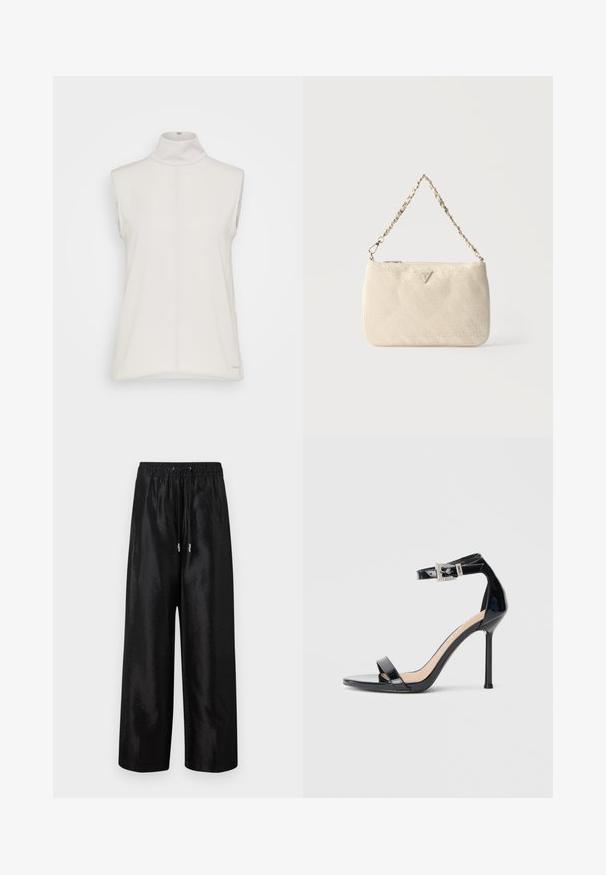 Ärmelloses weißes Rollkragenoberteil aus glattem Stoff, mit einer Mittelnaht und einem dezenten Logotag am Saum. Minimalistisches Design.; Schwarze weit geschnittene Hose aus glänzendem Stoff mit einem elastischen Bund und Kordelzug, ausgestattet mit silbernen Hardware-Akzenten.; Schwarzer Riemchensandale aus Lackleder mit hohem Absatz und Knöchelriemen. Verfügt über ein minimalistisches Design, offene Zehenpartie und eine Schnalle mit Strassakzenten.; Kleine beigefarbene Designertasche mit dezentem Muster und kurzem goldfarbenen Kettenriemen, vorne mit einem dreieckigen Markenlogo versehen.