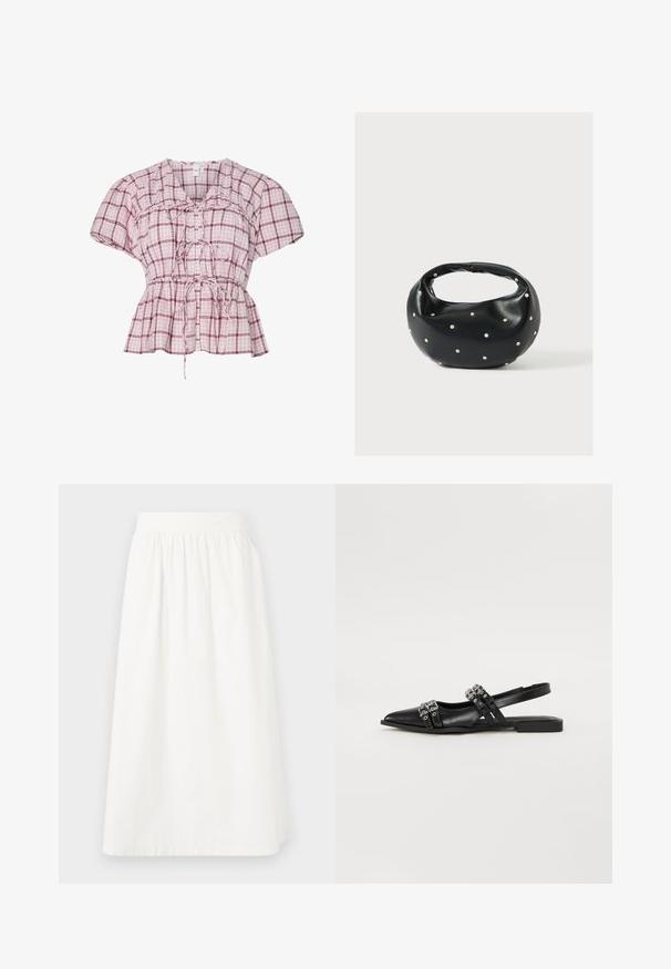 Blouse peplum à manches courtes en rose clair et à motif vichy blanc. Dotée d'un nœud à l'avant, de fronces à la taille et en coton doux.; Jupe blanche, longueur genou, faite en coton avec une taille élastique. Présente une texture lisse et un design ample et fluide.; Even&Odd by Zalando Ballerines à brides arrière - black; Sac à main en cuir noir de forme arrondie, décoré de clous argentés et équipé d'une poignée courte. Texture lisse et fermeture éclair.
