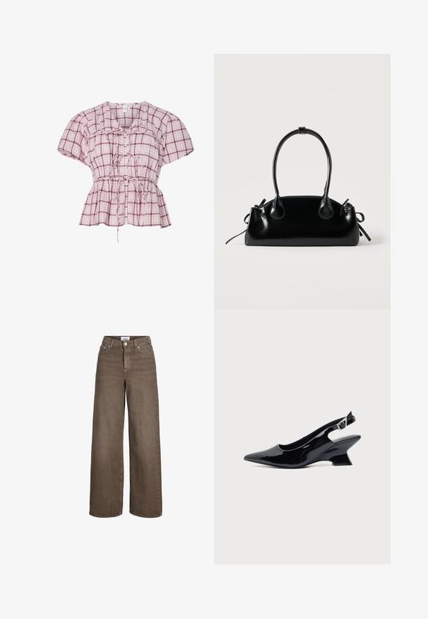 Peplum-bluse med korte ærmer i lyserød og hvid plaidmønster. Har en knytning foran, samlinger ved taljen og blødt bomuldsstof.; Brune højttaljede viddebenjeans med frontknap og lynlås, for- og baglommer samt bæltestropper.; Sort laklæder slingback sko med spids tå og lav vinklet blokhæl på ensartet lys baggrund.; Lille sort blank håndtaske med to lange håndtag og snøre-detaljer i siden på en ensfarvet lys baggrund.