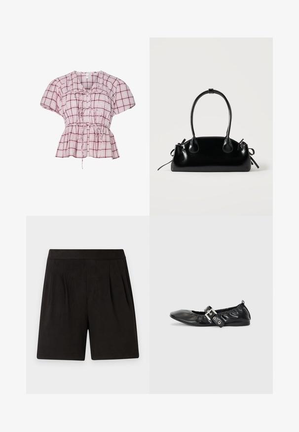 Peplum-Bluse mit kurzen Ärmeln im hellrosa und weißen Karomuster. Verfügt über eine Bindefront, Raffung an der Taille und aus weichem Baumwollmaterial.; Schwarze Shorts aus weichem Stoff mit einer glatten Textur, elastischem Bund und gefaltetem Vorderdesign. Einfach und schmucklos.; Schwarze Leder-Ballerinas mit spitzem Zehenbereich, gerafften Details am Schaft und einem silbernen Schnallenakzent am verstellbaren Riemen.; Kleine schwarze glänzende Handtasche mit zwei langen Griffen und seitlichen Kordelzug-Details vor einfachem hellem Hintergrund.