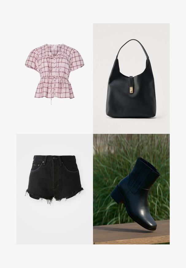 Peplum-bluse med korte ærmer i lyserød og hvid plaidmønster. Har en knytning foran, samlinger ved taljen og blødt bomuldsstof.; Sorte denim shorts med en frynset kant, klassisk fem-lomme design og metalknap lukning. Mor med høj talje og slidt tekstur.; Sort læder ankelstøvle med rundet tå og en moderat hæl. Har lodrette syninger på siden, glat tekstur og en slank silhuet.; Sort læderhobo-taske med en tekstureret overflade, der har en guldfarvet lås og et enkelt buet håndtag til bæring over skulderen.